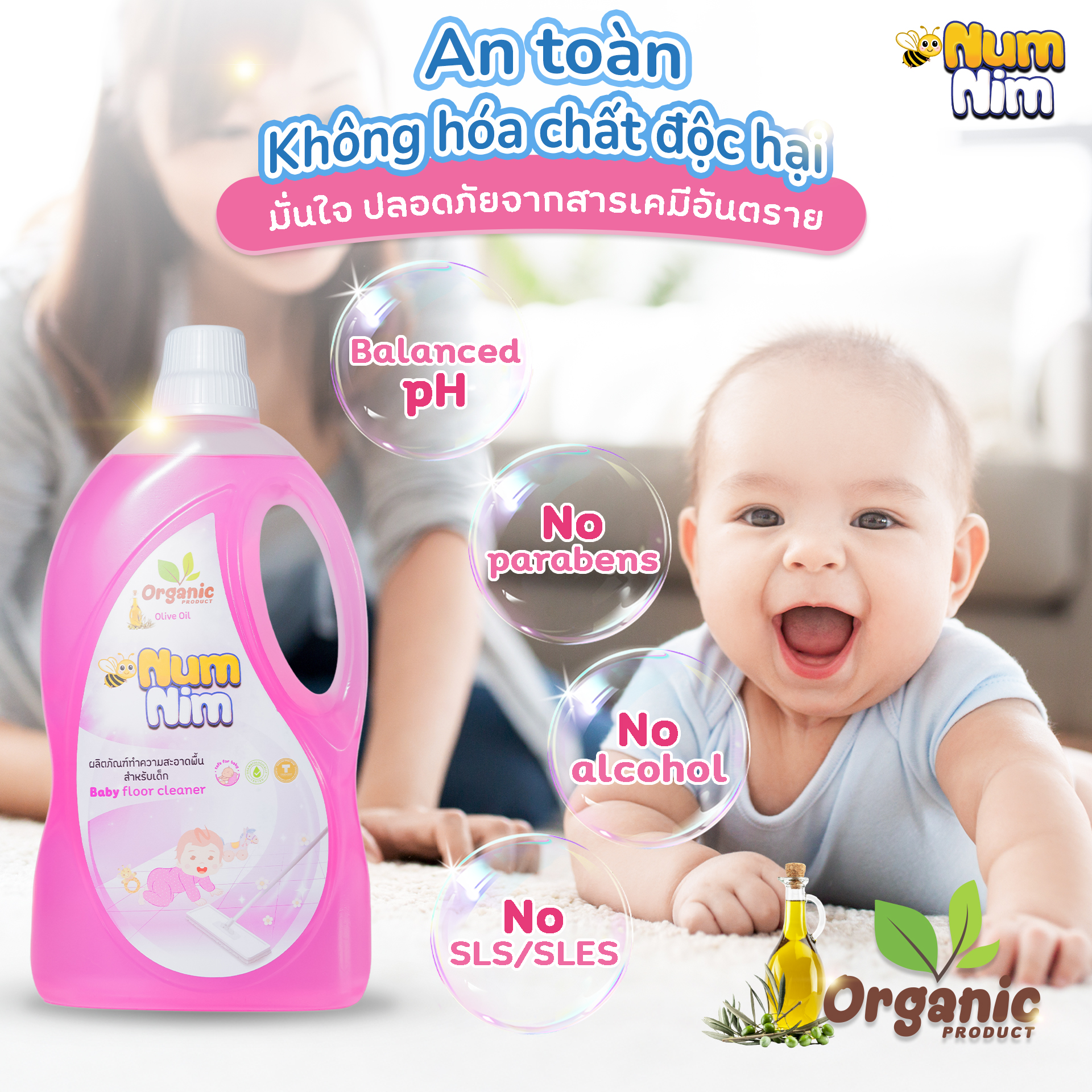 Nước lau sàn NumNim màu hồng 1800ml