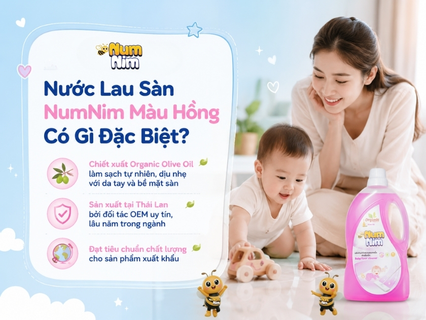 Nước lau sàn NumNim màu hồng an toàn cho gia đình có trẻ nhỏ
